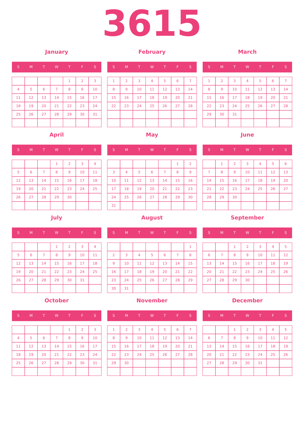 Printable 3615 Year Calendars pink