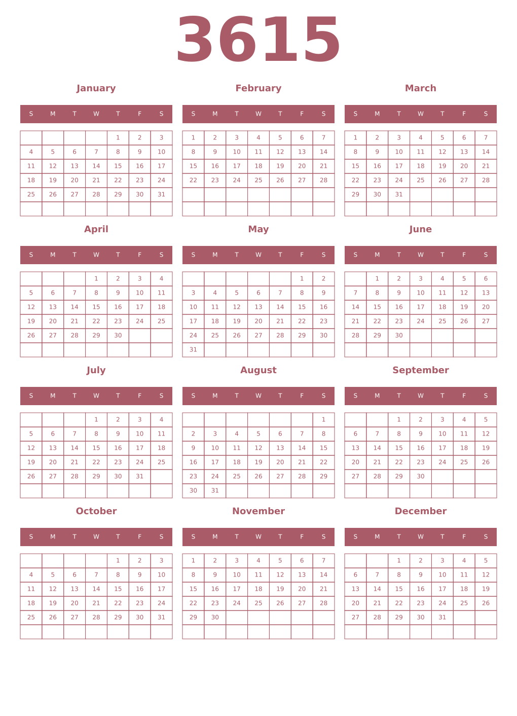 Printable 3615 Year Calendars puce