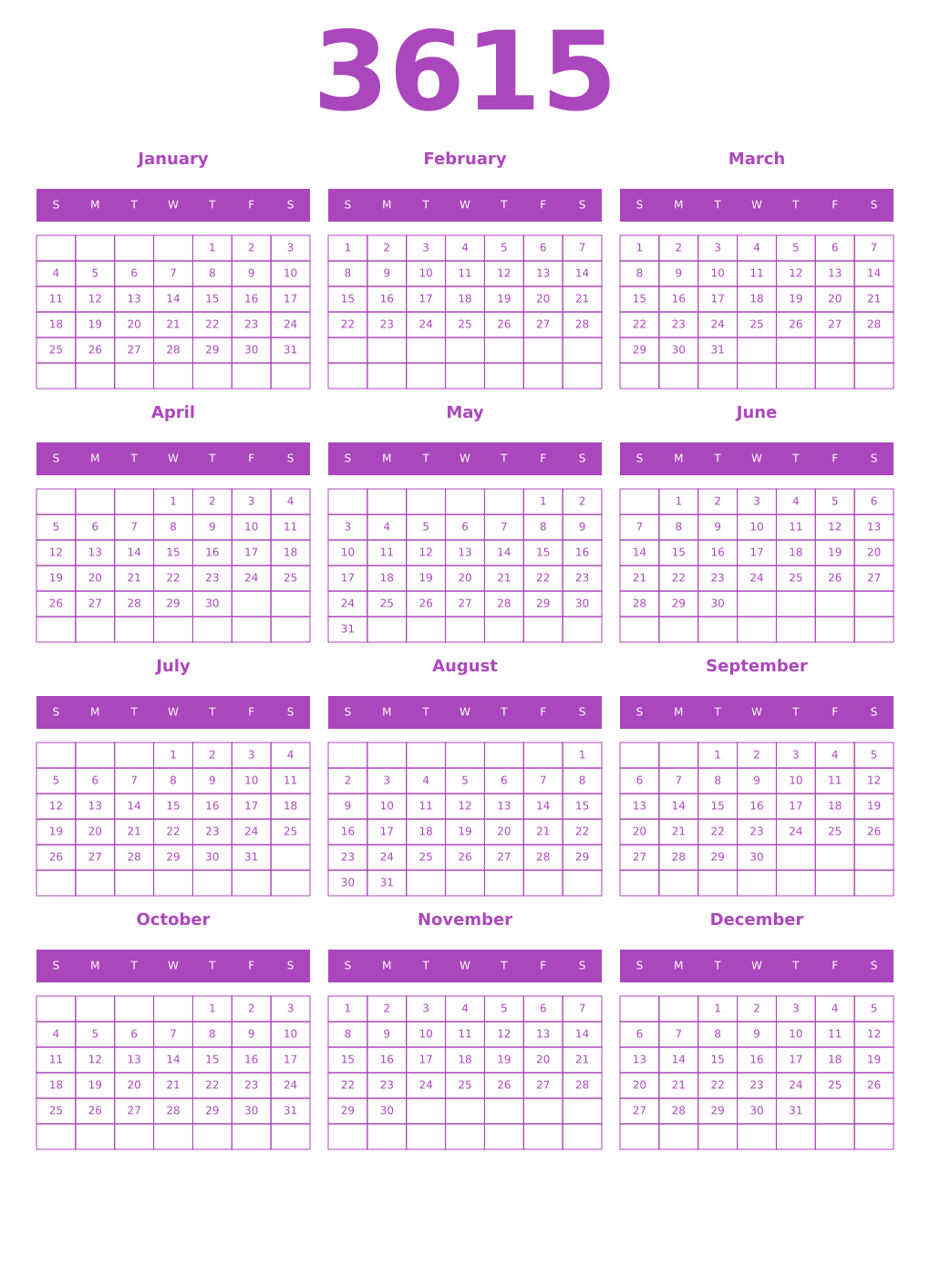 Printable 3615 Year Calendars purple