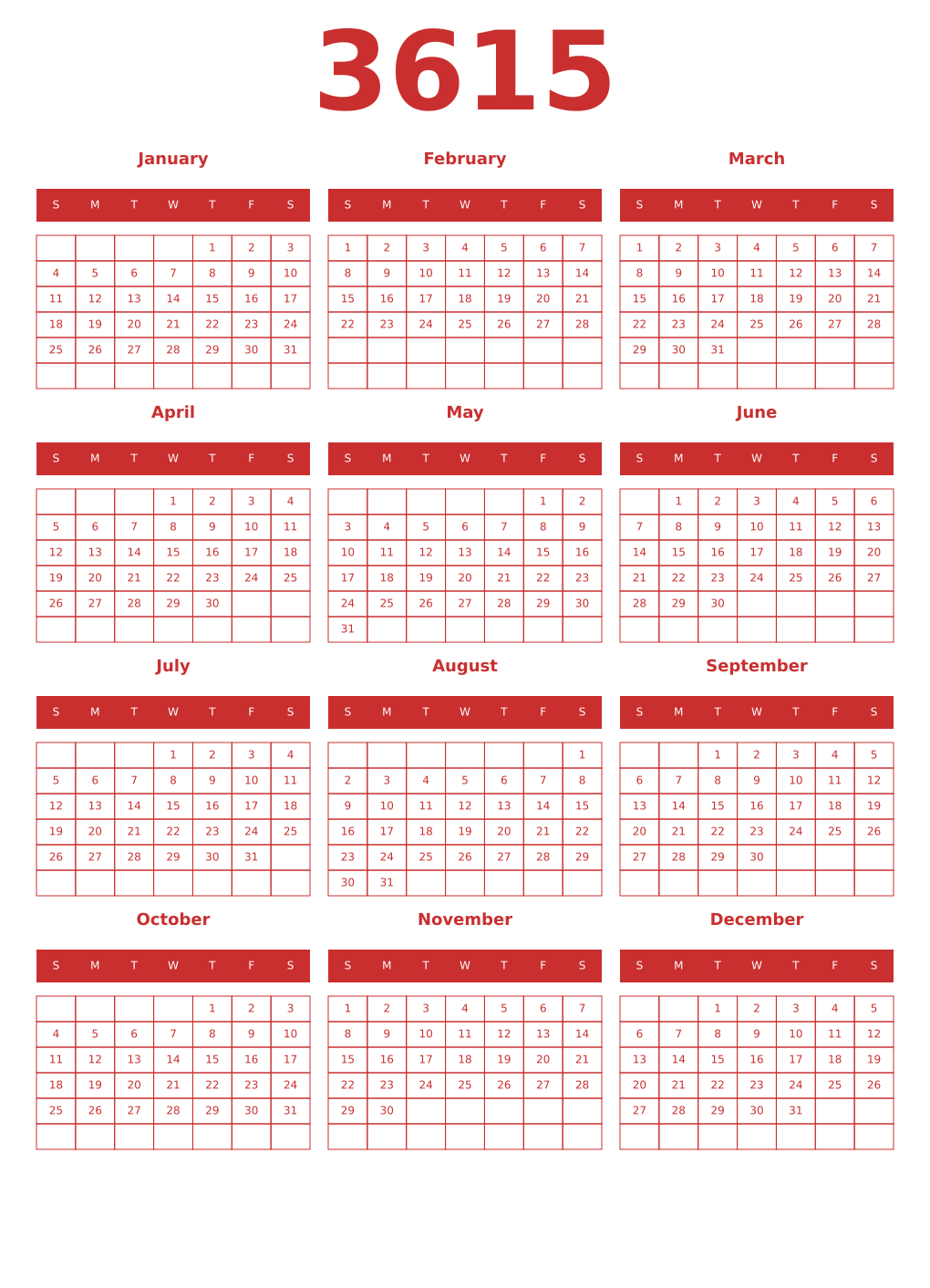 Printable 3615 Year Calendars red
