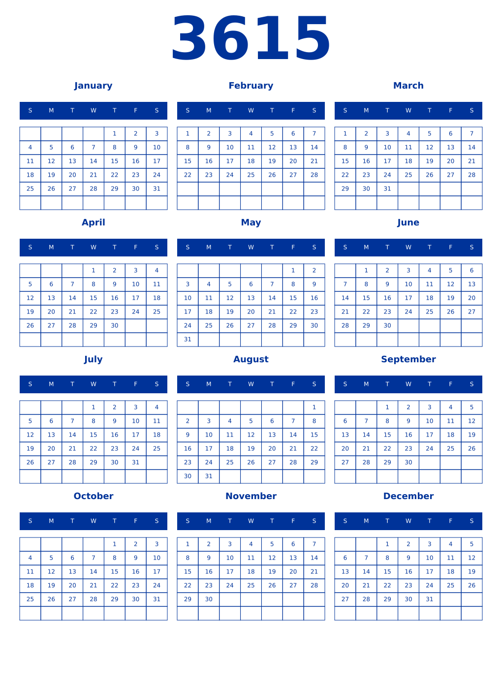 Printable 3615 Year Calendars smalt