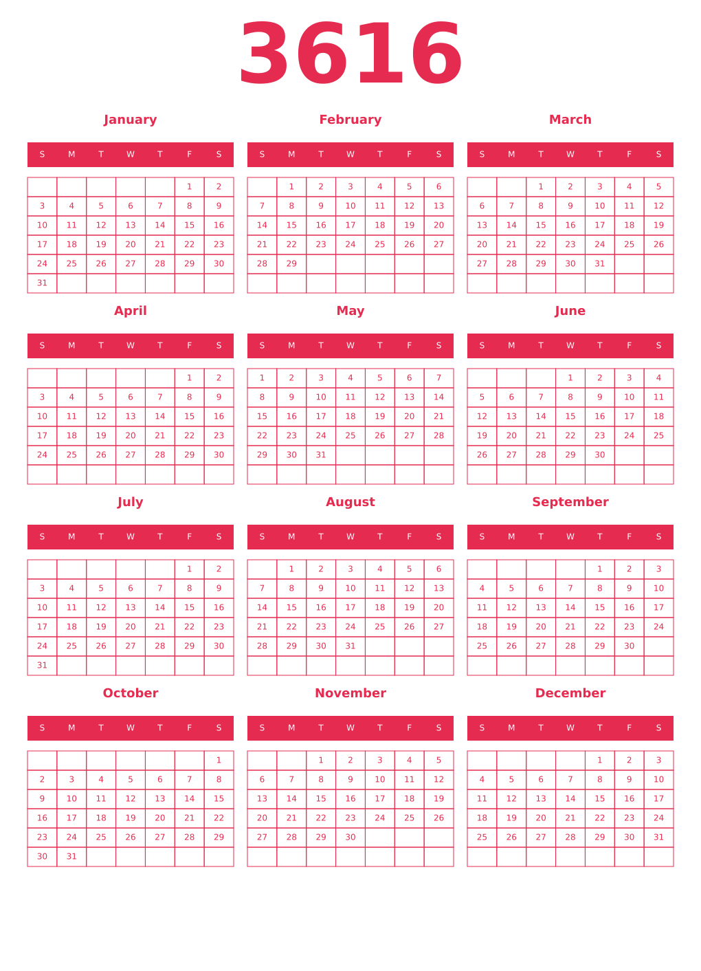 Printable 3616 Year Calendars amaranth