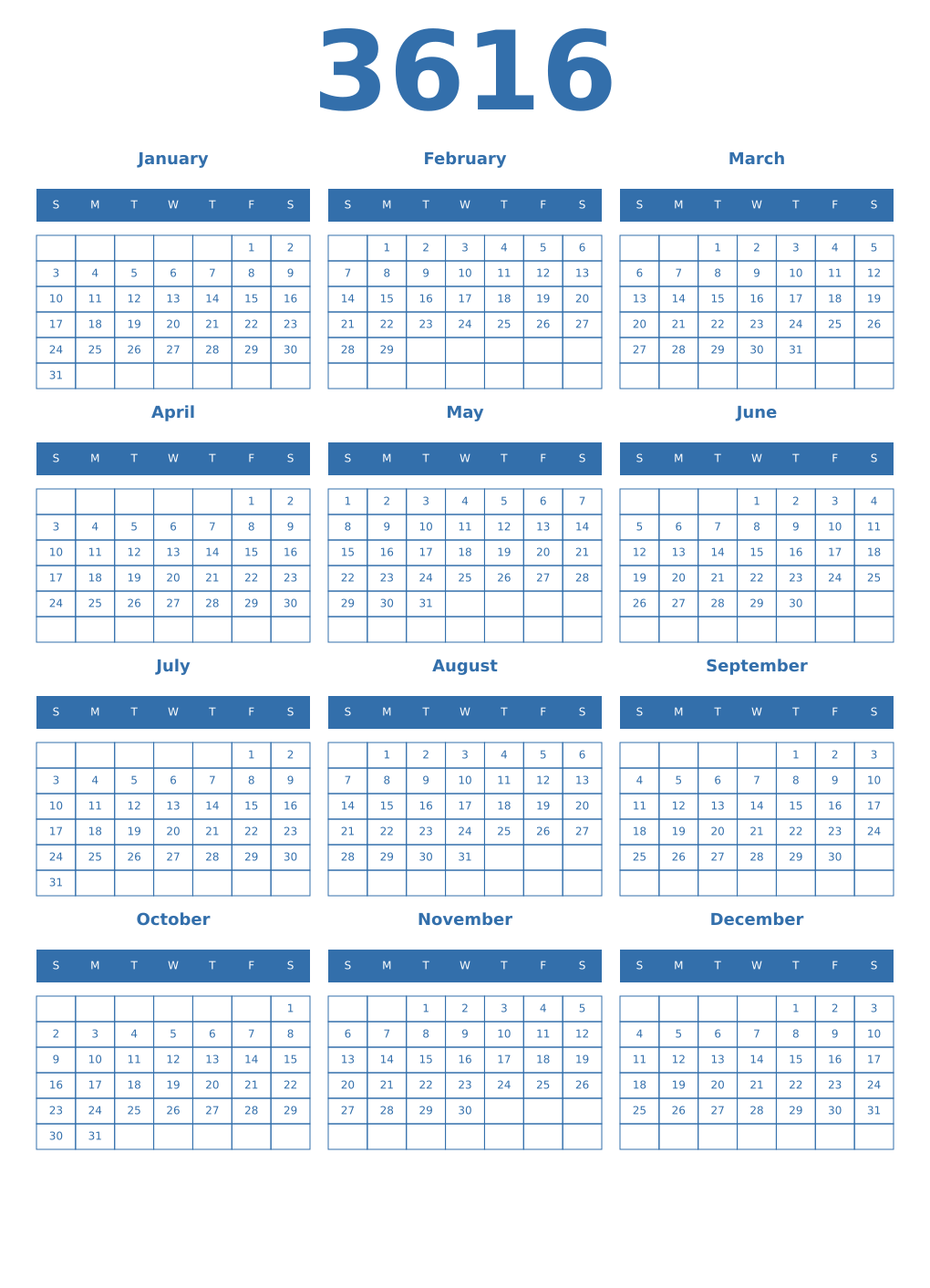 Printable 3616 Year Calendars blue
