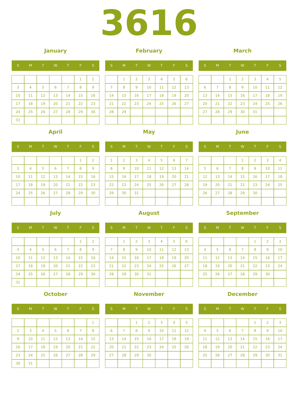 Printable 3616 Year Calendars chartreuse
