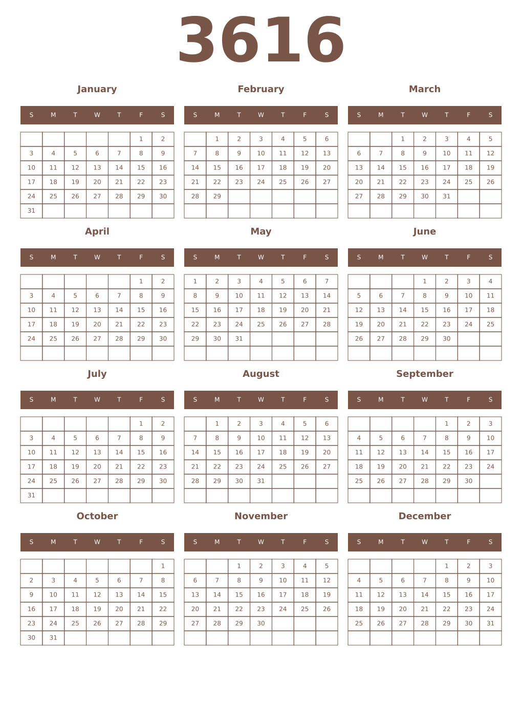 Printable 3616 Year Calendars coffe