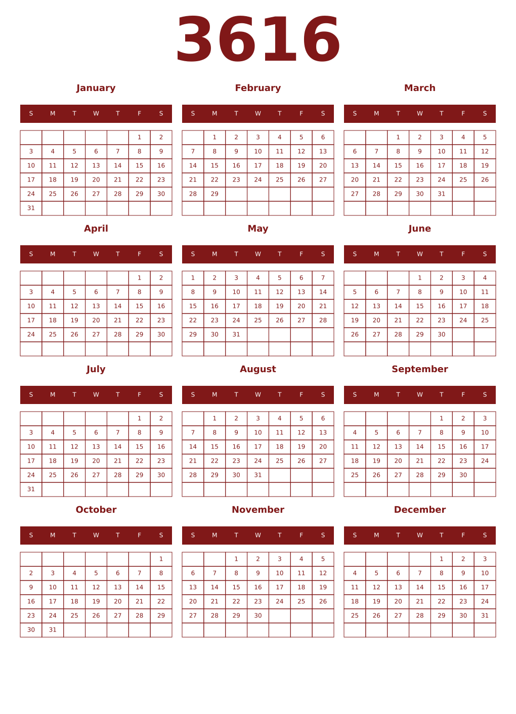 Printable 3616 Year Calendars falu