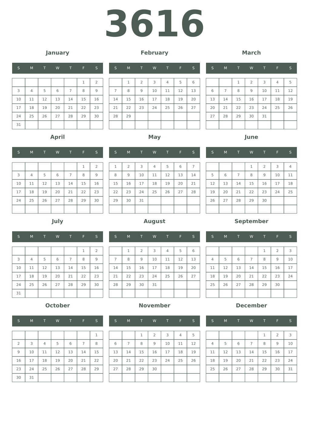 Printable 3616 Year Calendars feldgrau