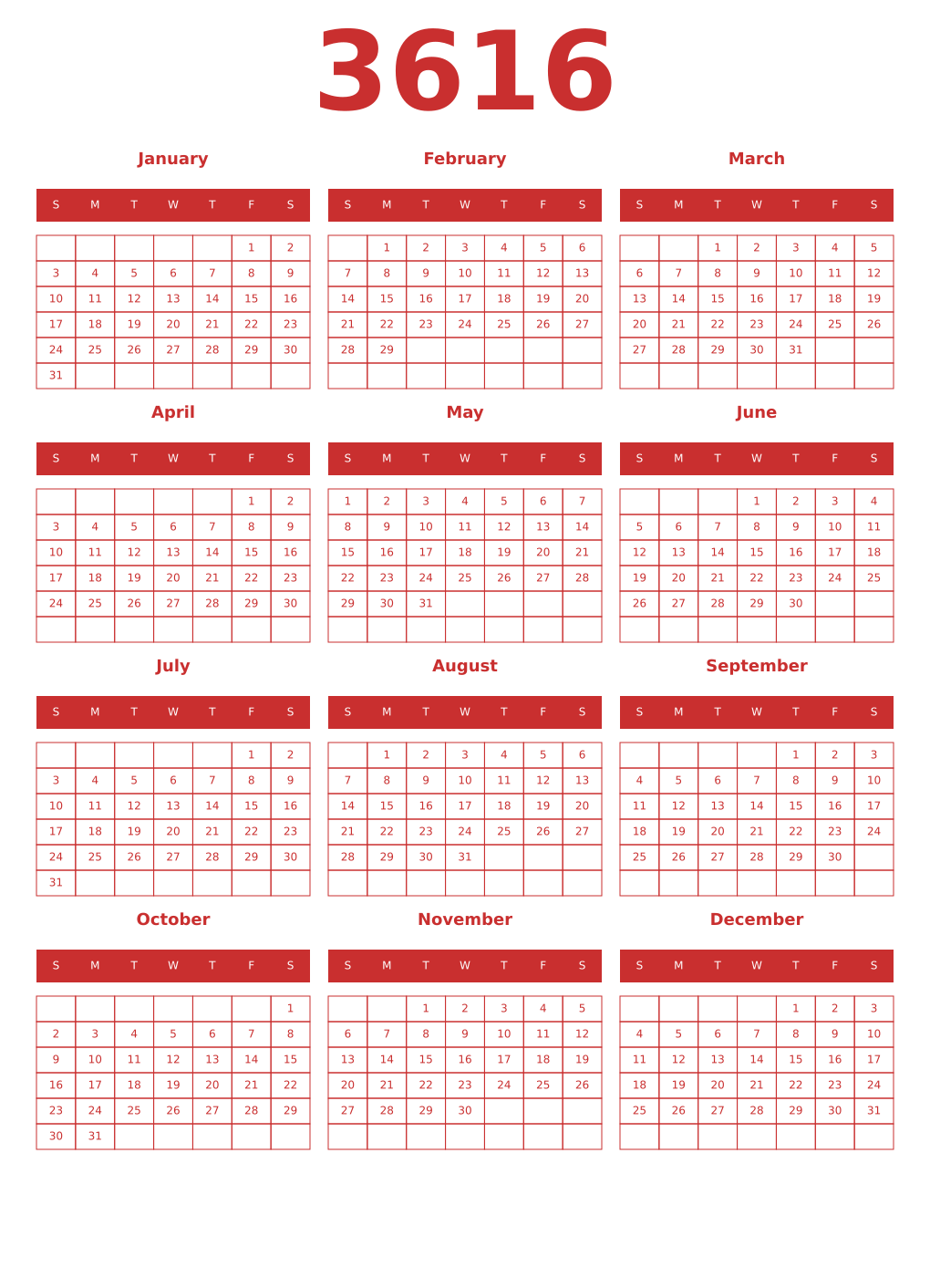 Printable 3616 Year Calendars red