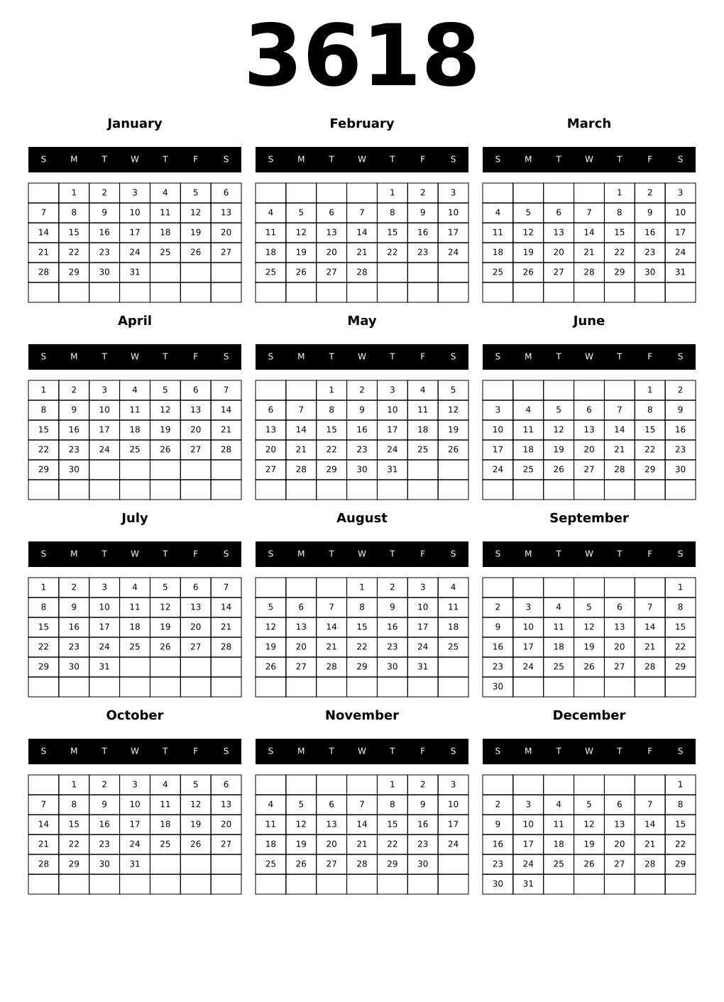 Printable 3618 Year Calendars black