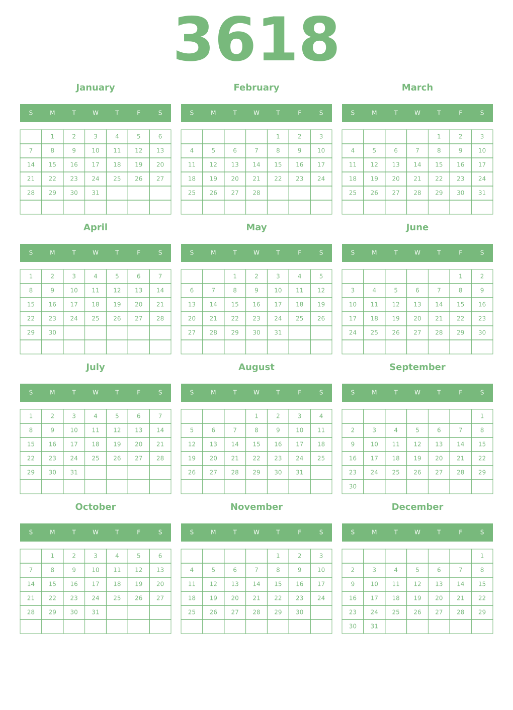Printable 3618 Year Calendars celadon