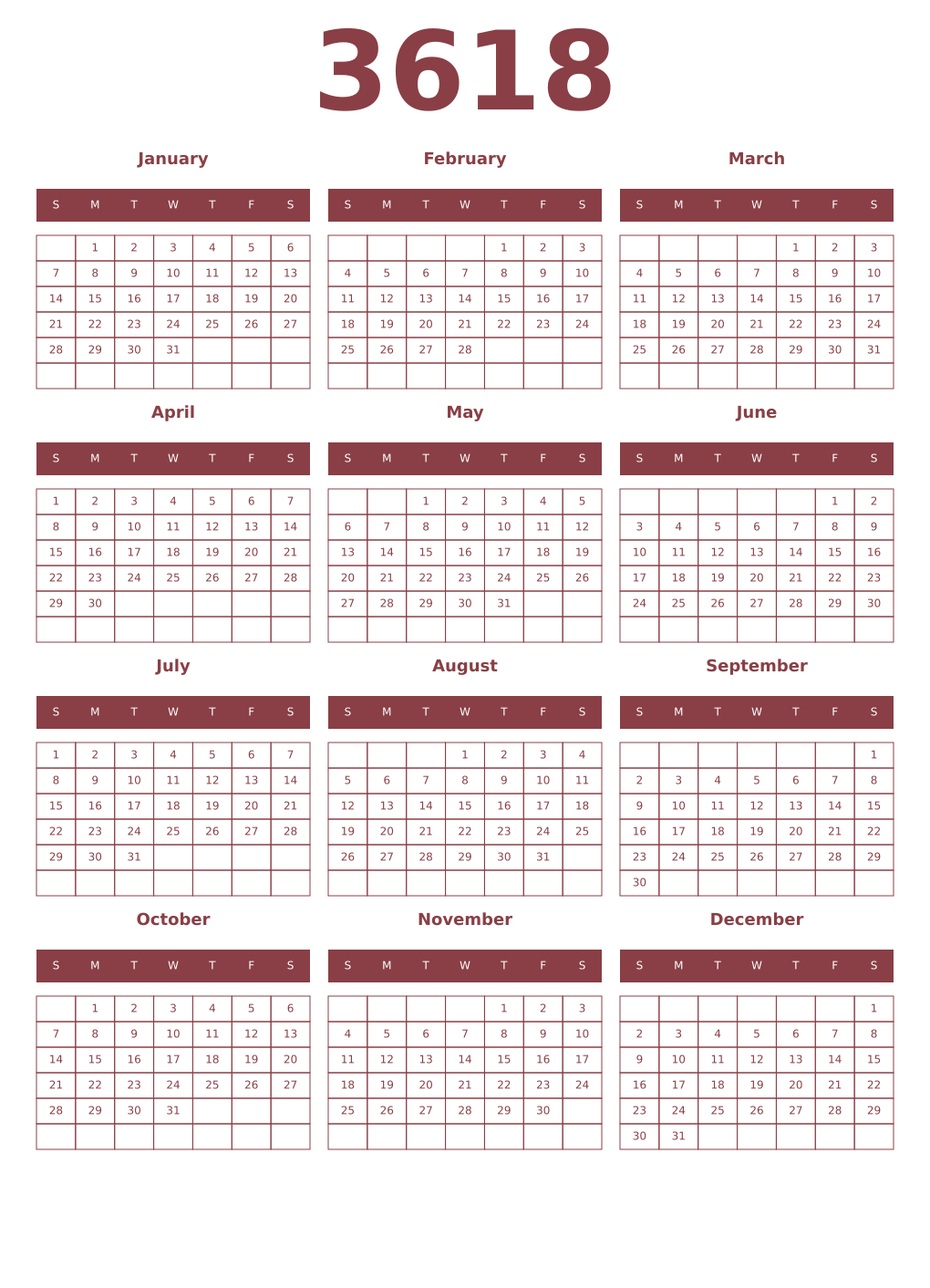 Printable 3618 Year Calendars cordovan
