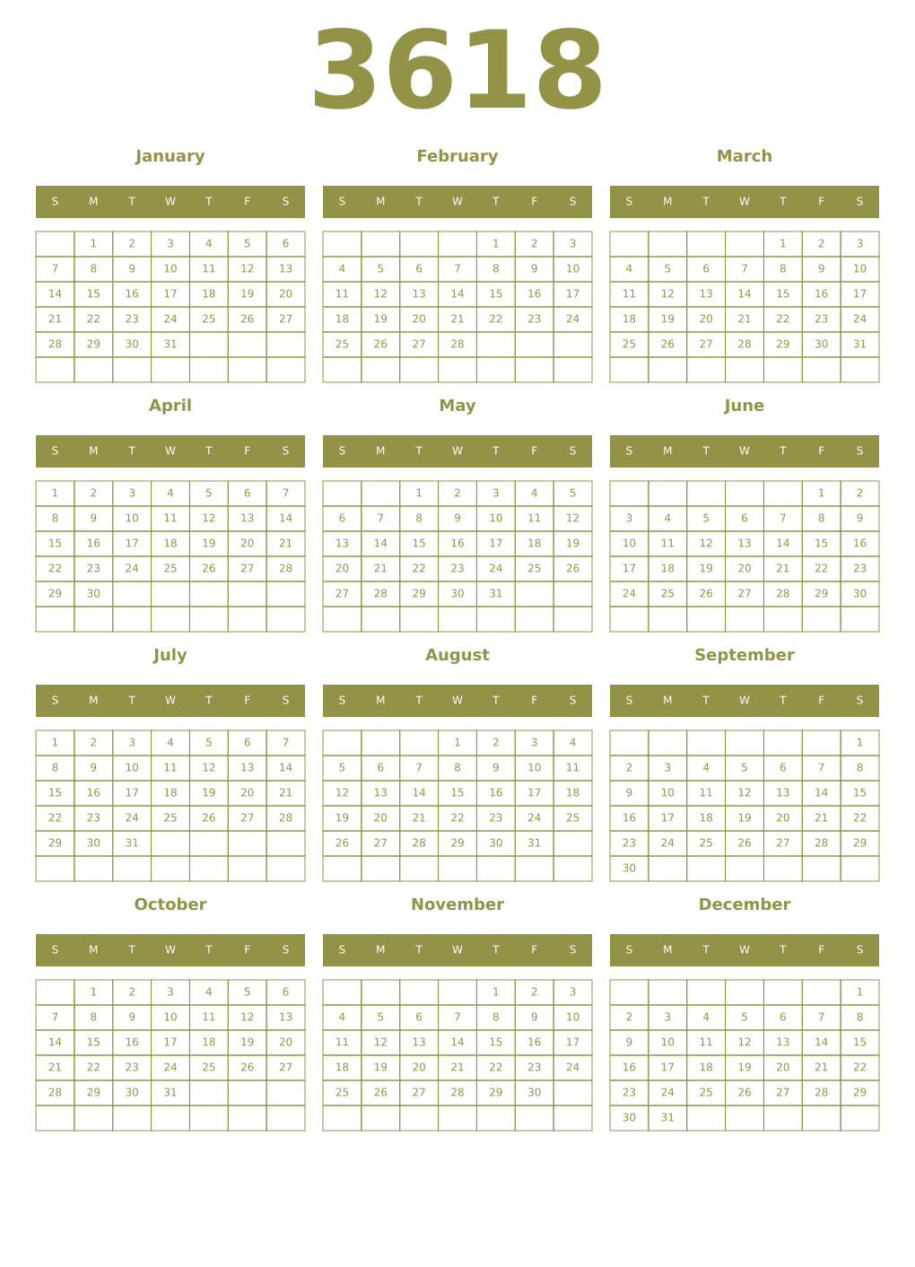 Printable 3618 Year Calendars eburnean