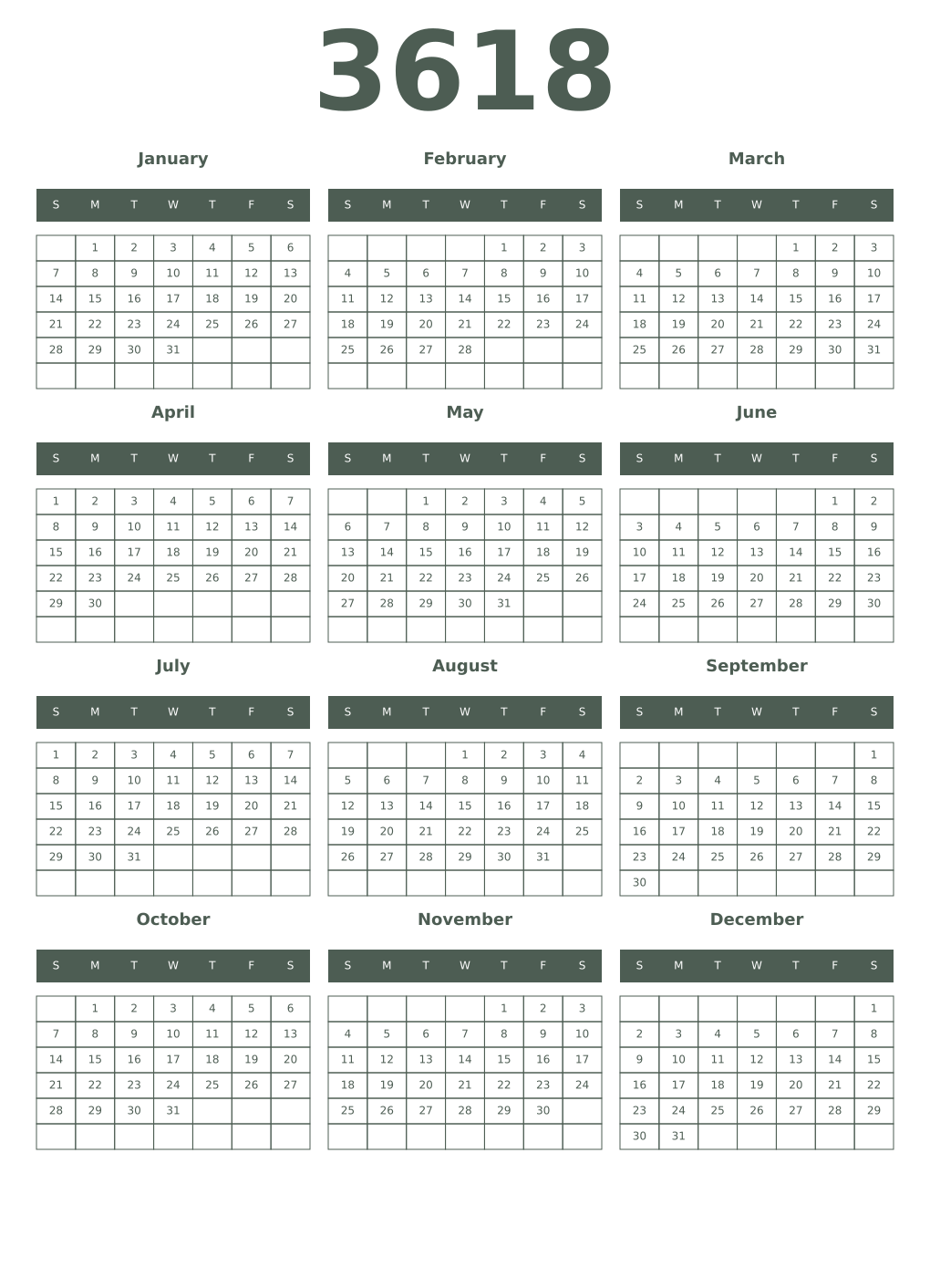 Printable 3618 Year Calendars feldgrau