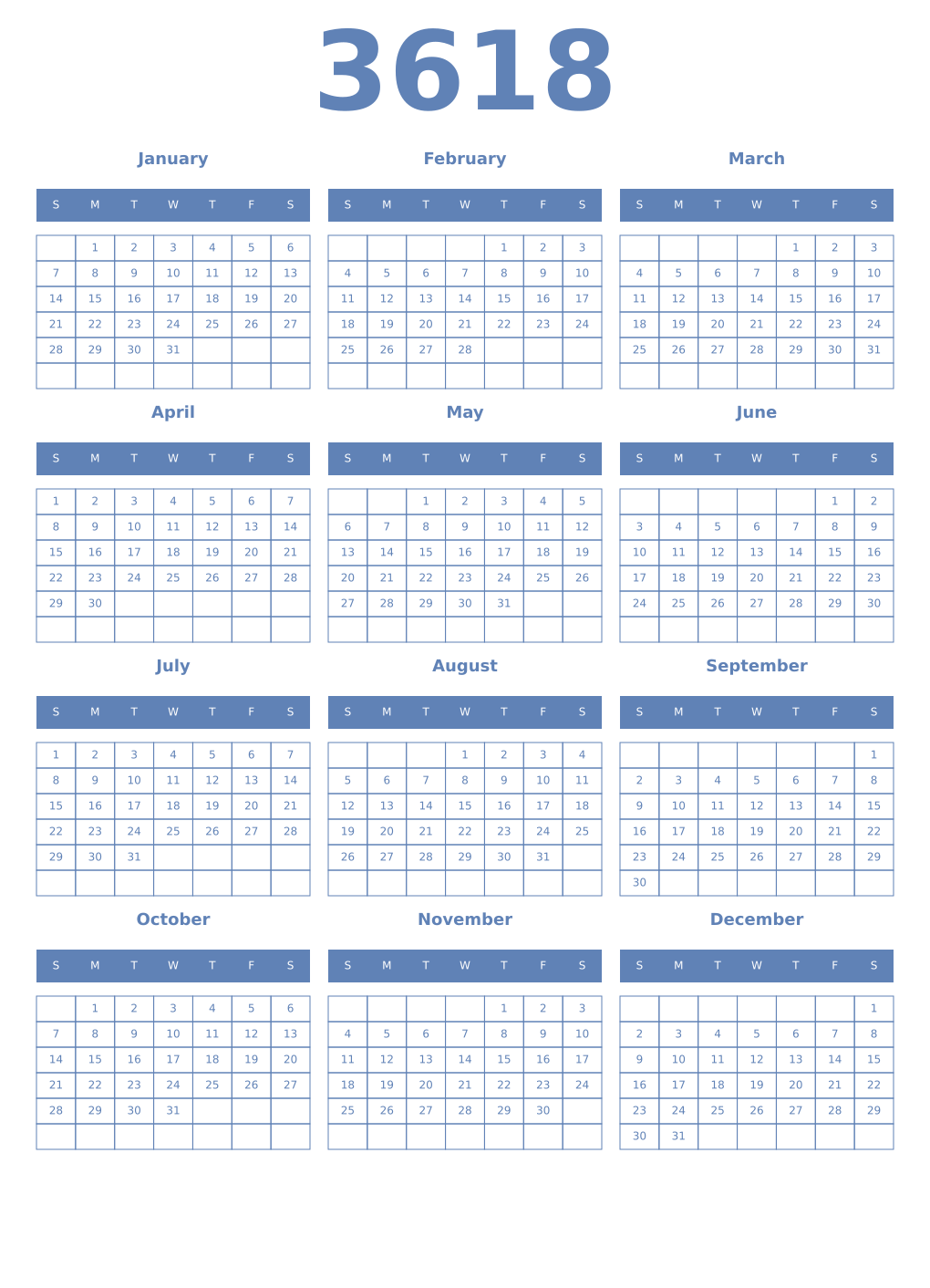 Printable 3618 Year Calendars glaucous