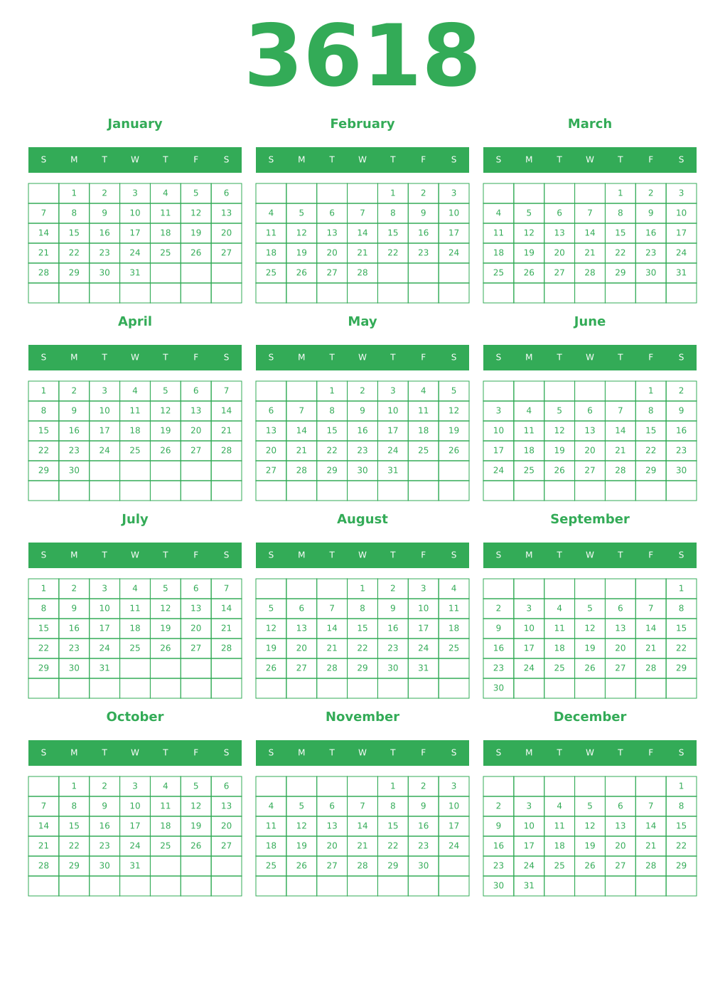 Printable 3618 Year Calendars green