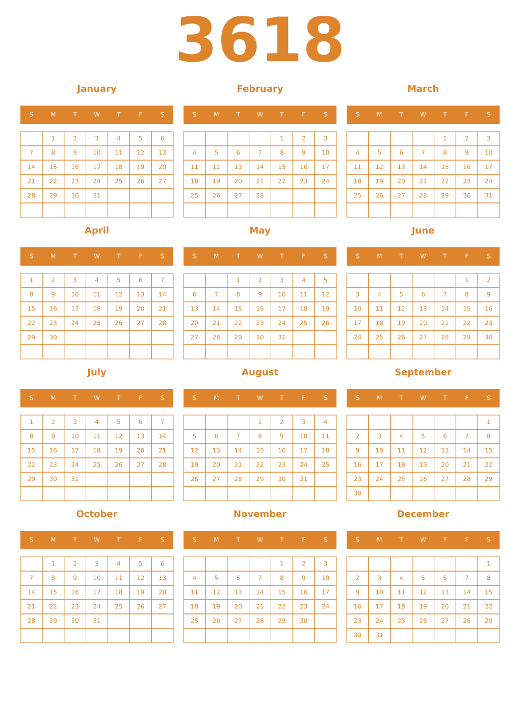 Printable 3618 Year Calendars orange