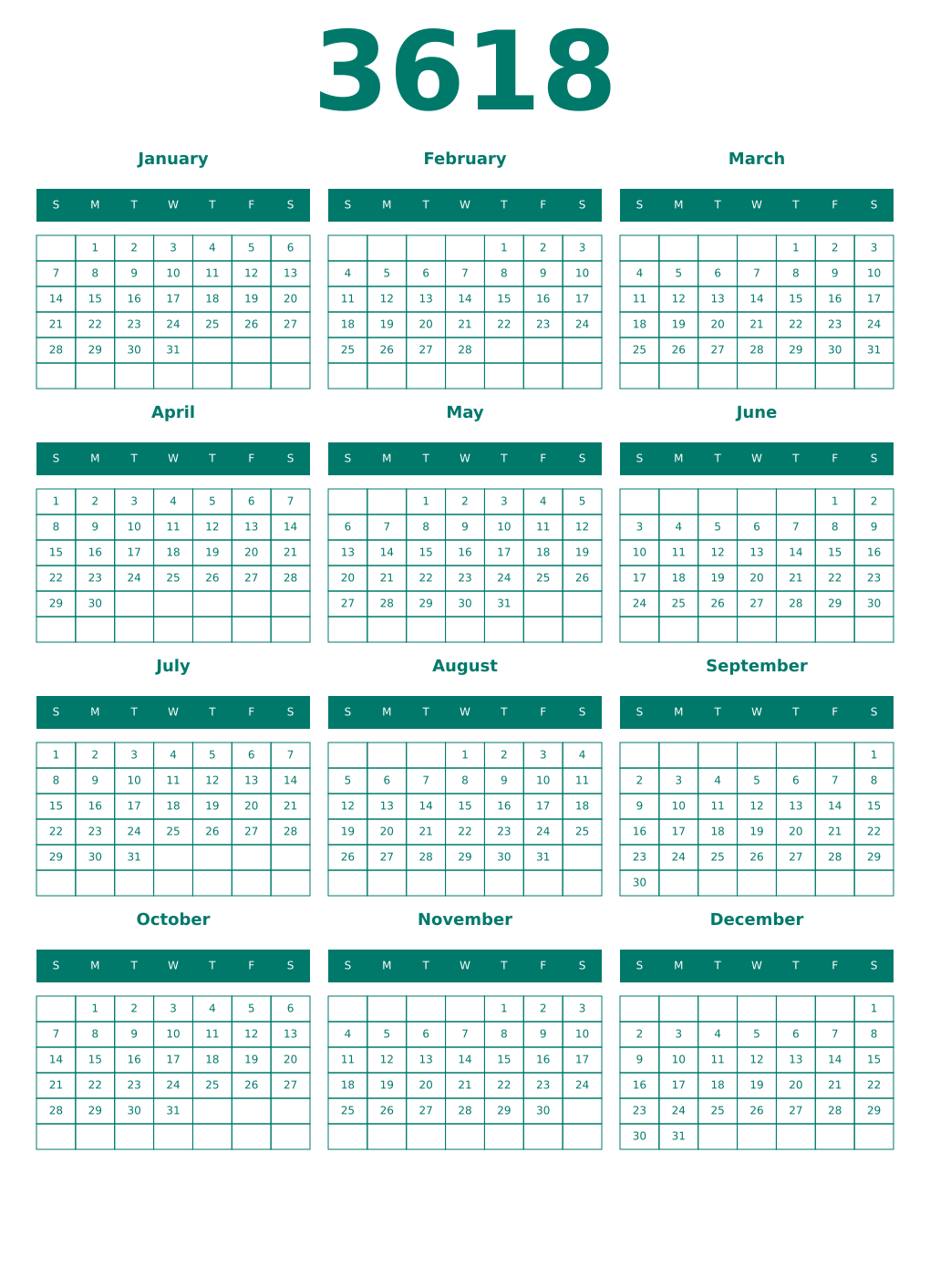 Printable 3618 Year Calendars pastel