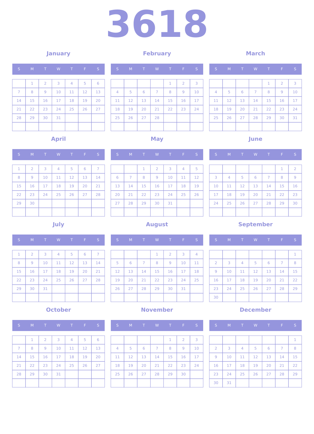 Printable 3618 Year Calendars periwinkle