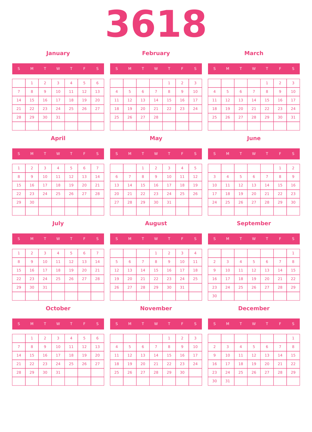 Printable 3618 Year Calendars pink