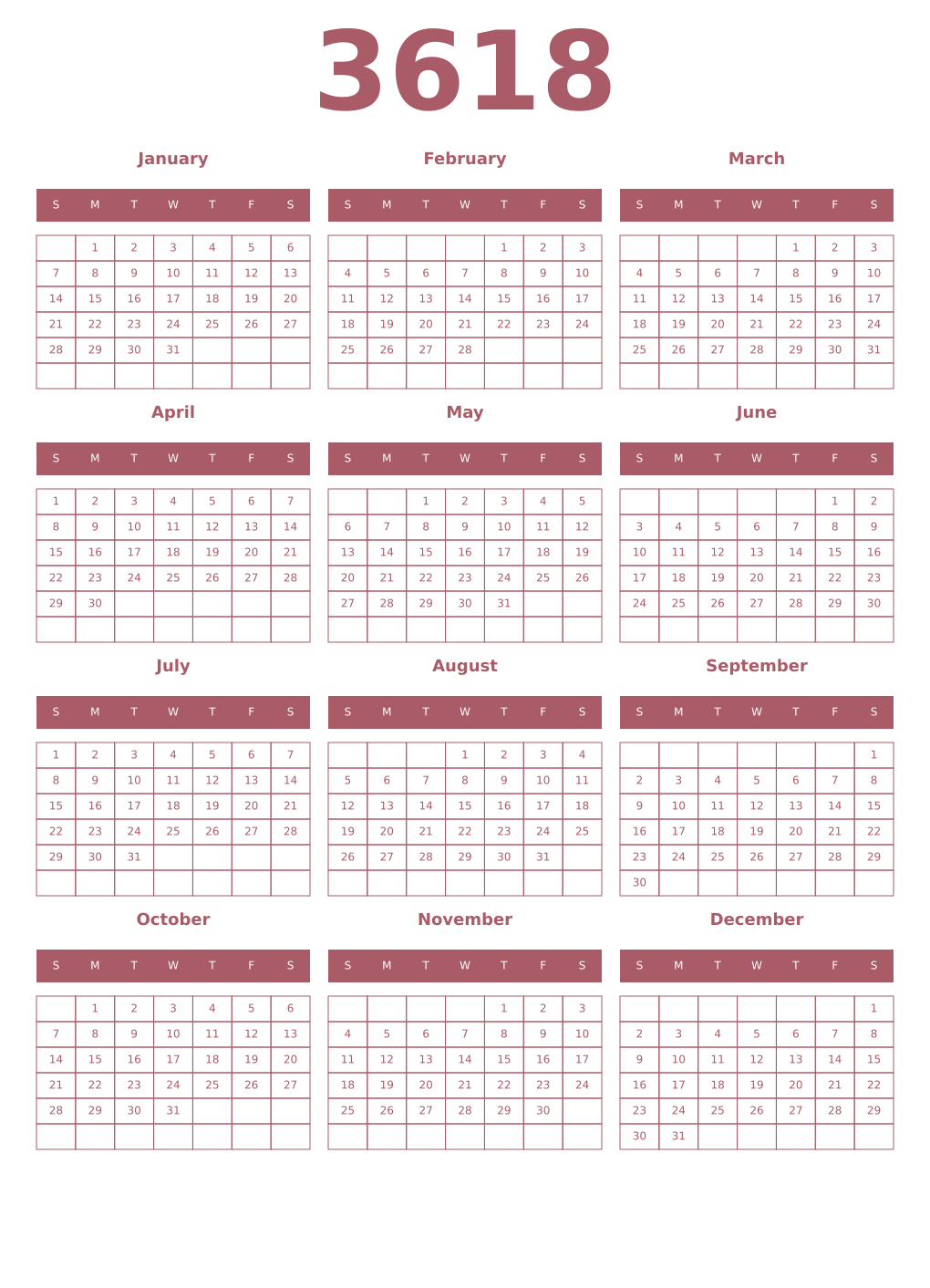 Printable 3618 Year Calendars puce