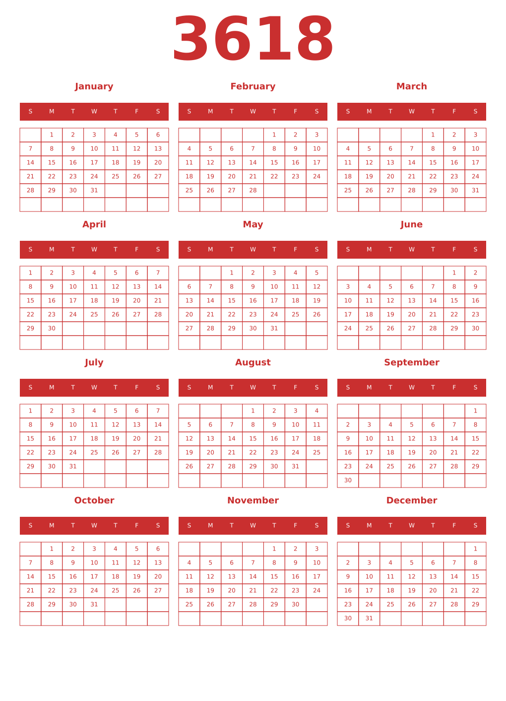 Printable 3618 Year Calendars red