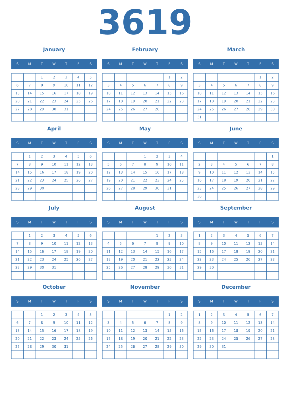 Printable 3619 Year Calendars blue