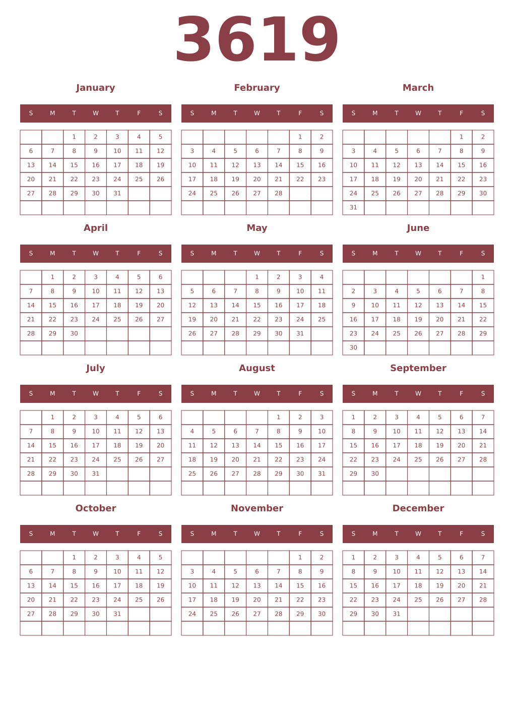 Printable 3619 Year Calendars cordovan