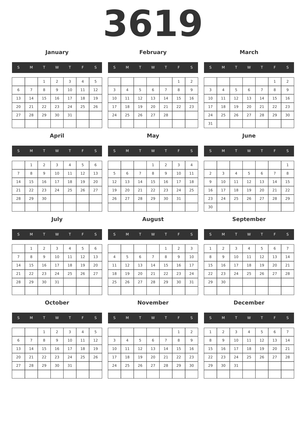 Printable 3619 Year Calendars dark