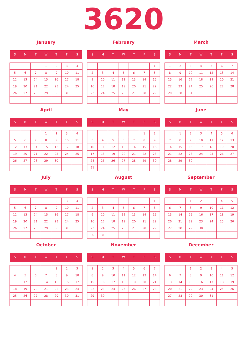 Printable 3620 Year Calendars amaranth