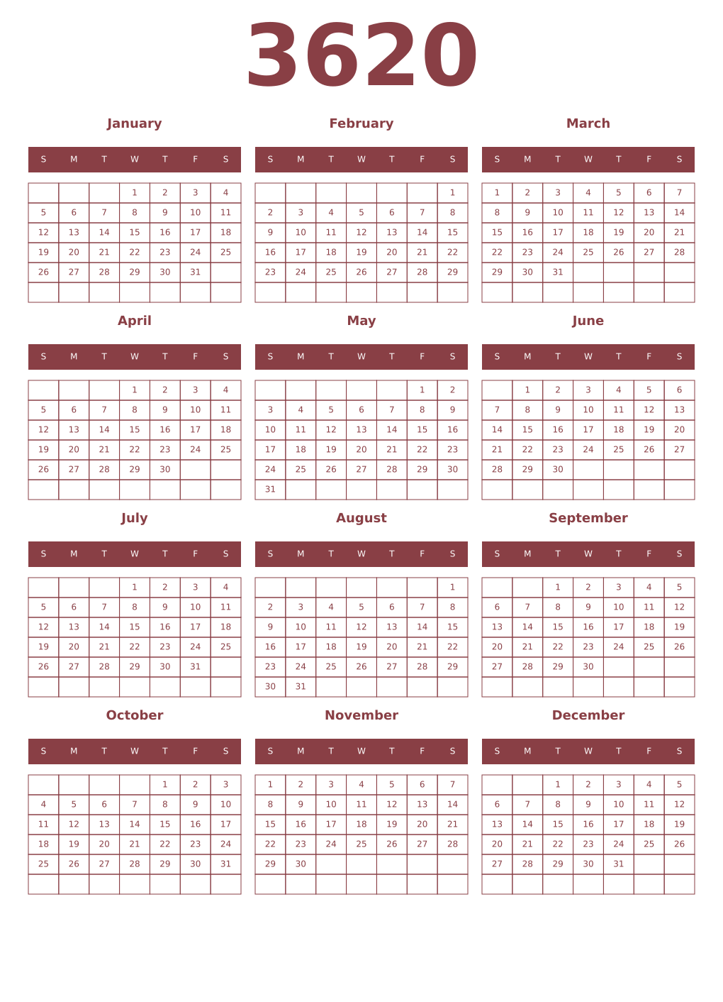 Printable 3620 Year Calendars cordovan