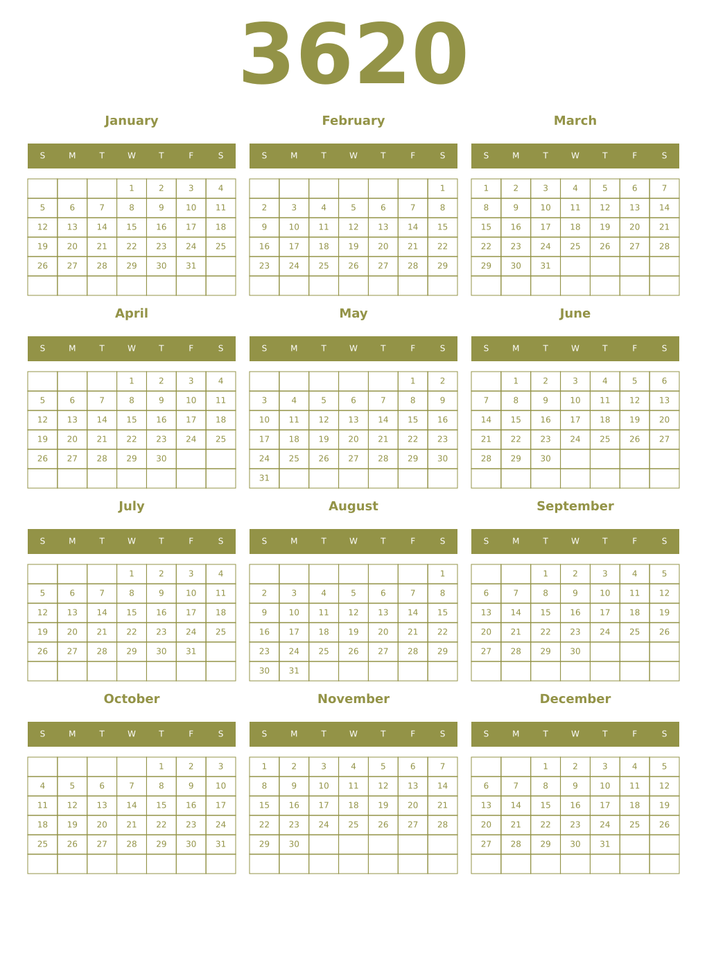 Printable 3620 Year Calendars eburnean