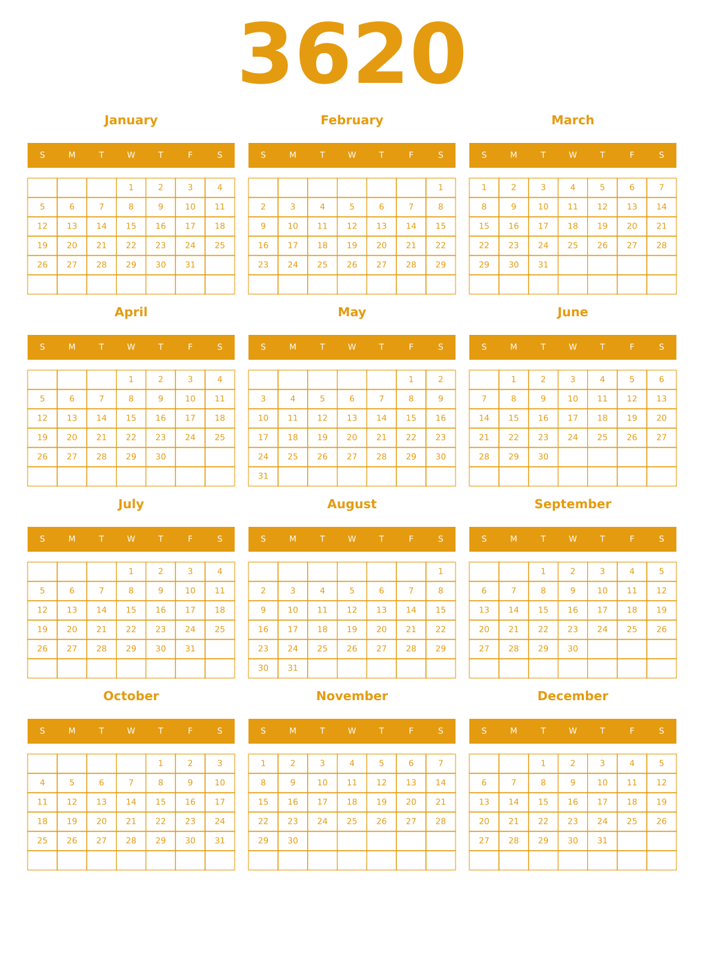 Printable 3620 Year Calendars gamboge