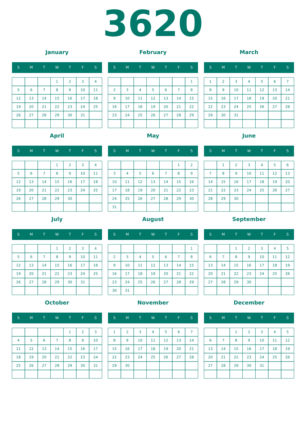 Printable 3620 Year Calendars pastel