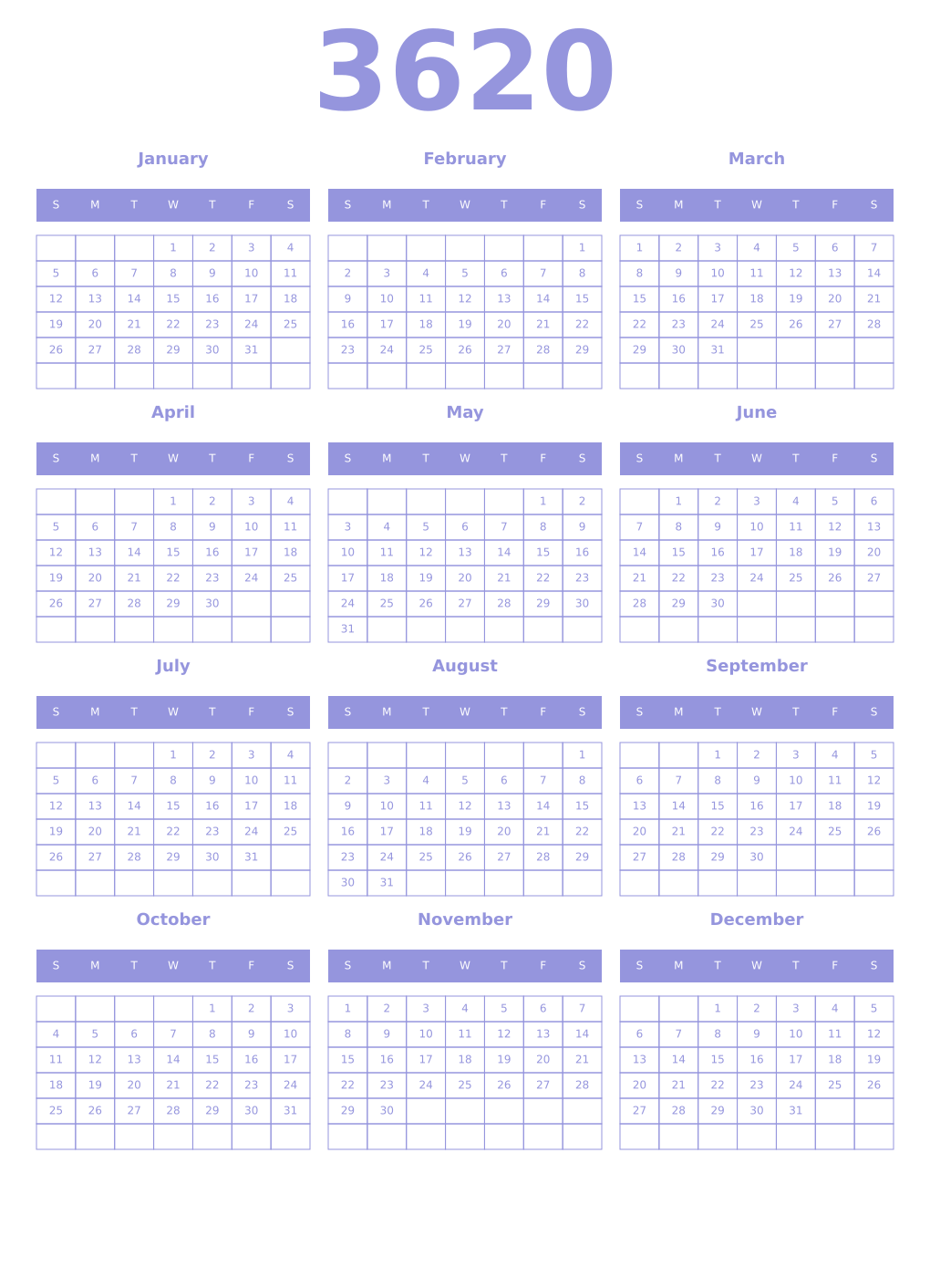 Printable 3620 Year Calendars periwinkle