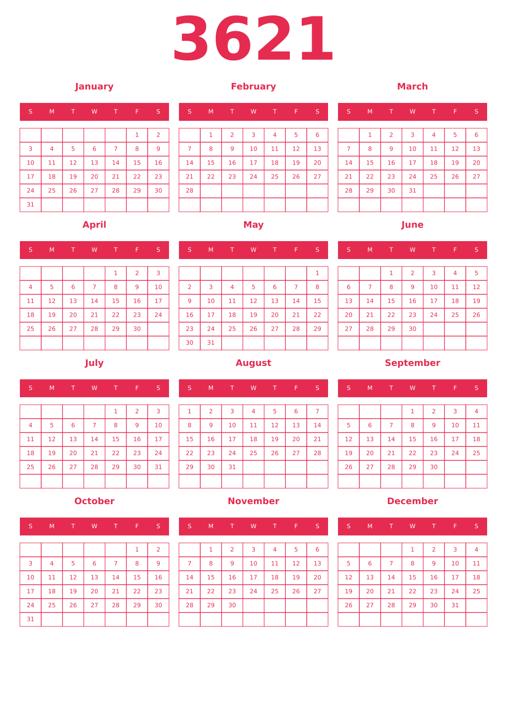 Printable 3621 Year Calendars amaranth
