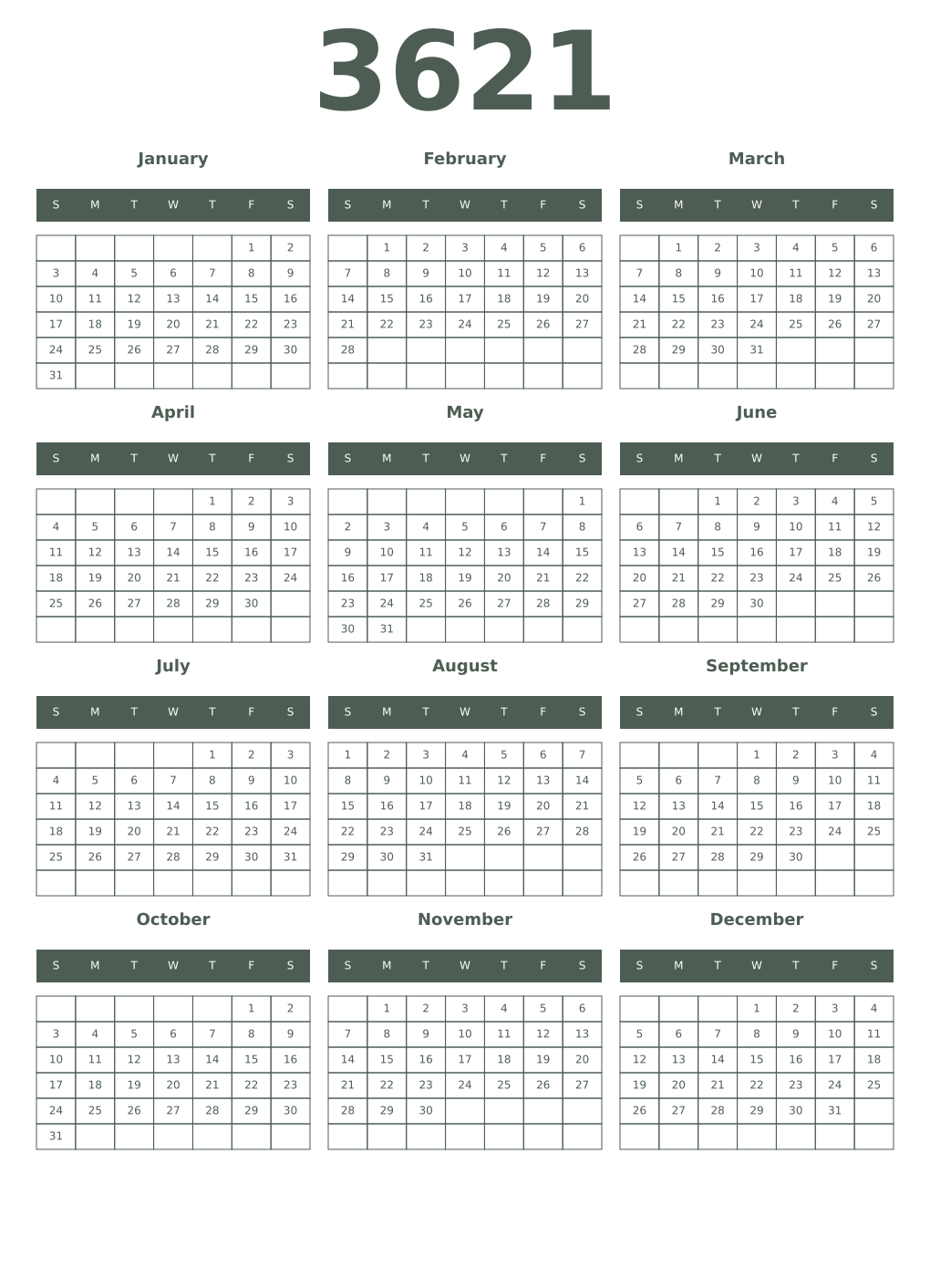 Printable 3621 Year Calendars feldgrau