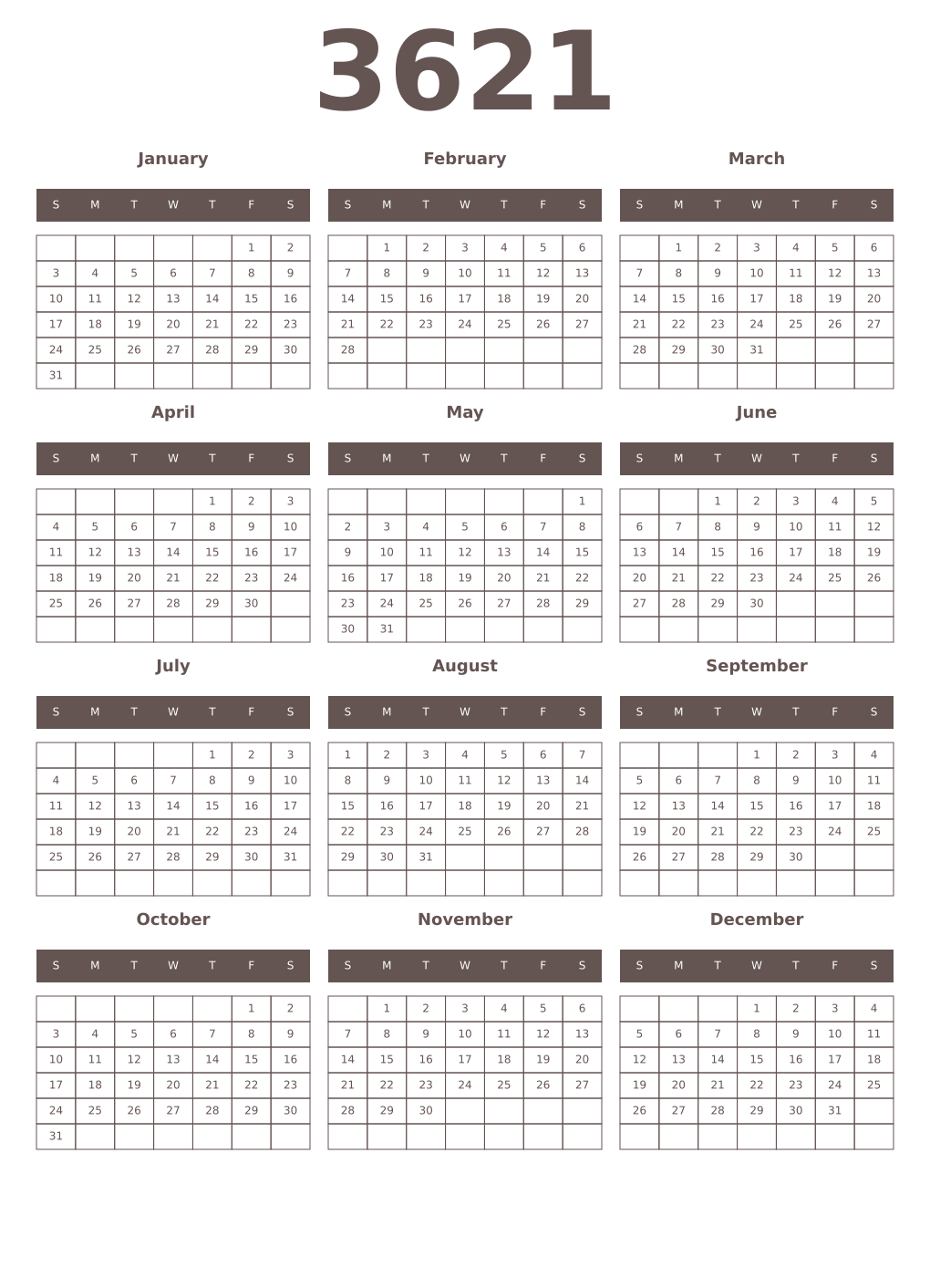 Printable 3621 Year Calendars wenge