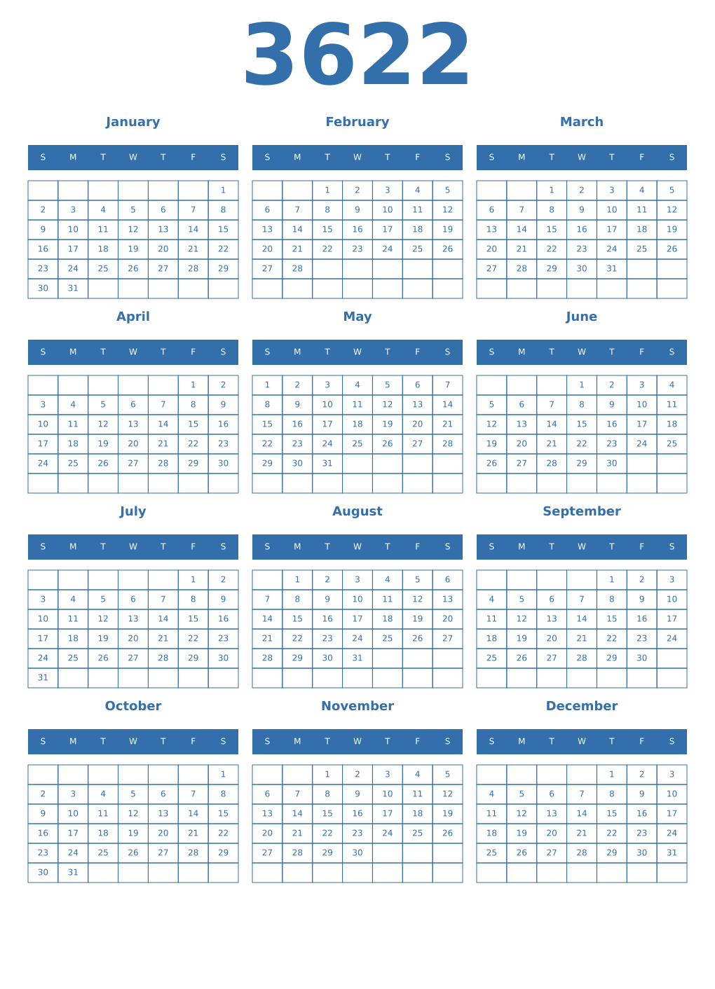 Printable 3622 Year Calendars blue