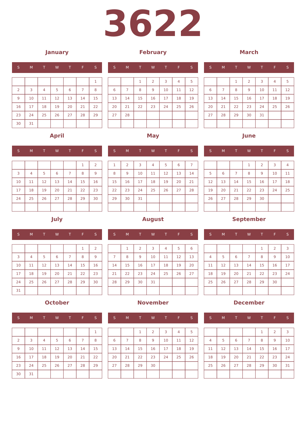 Printable 3622 Year Calendars cordovan