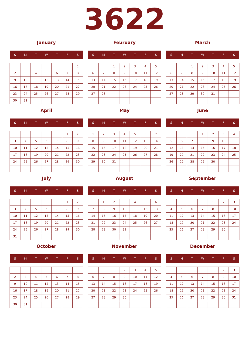 Printable 3622 Year Calendars falu