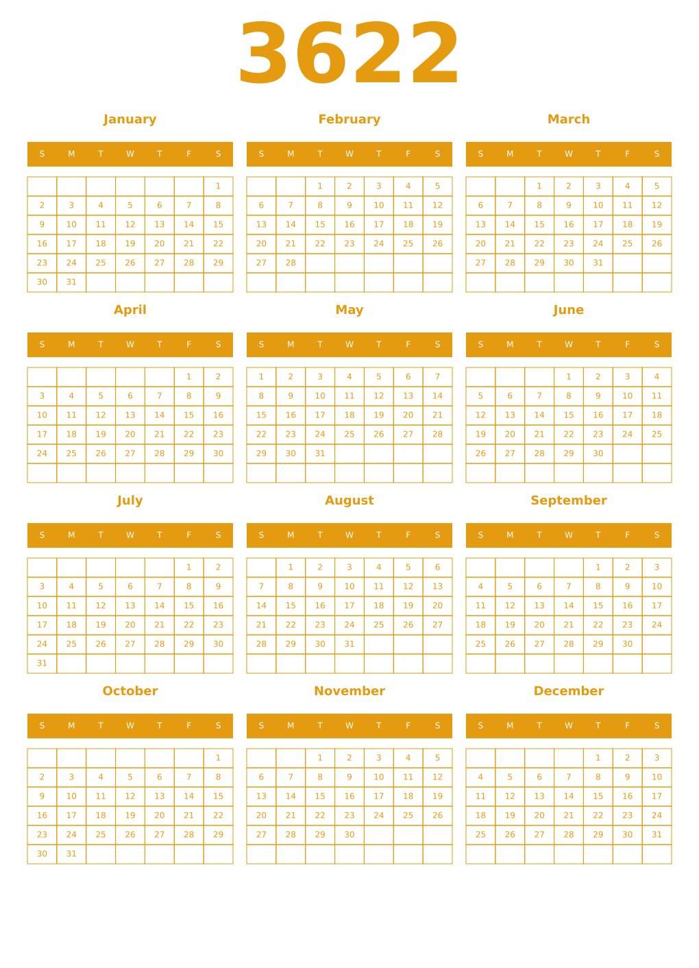 Printable 3622 Year Calendars gamboge
