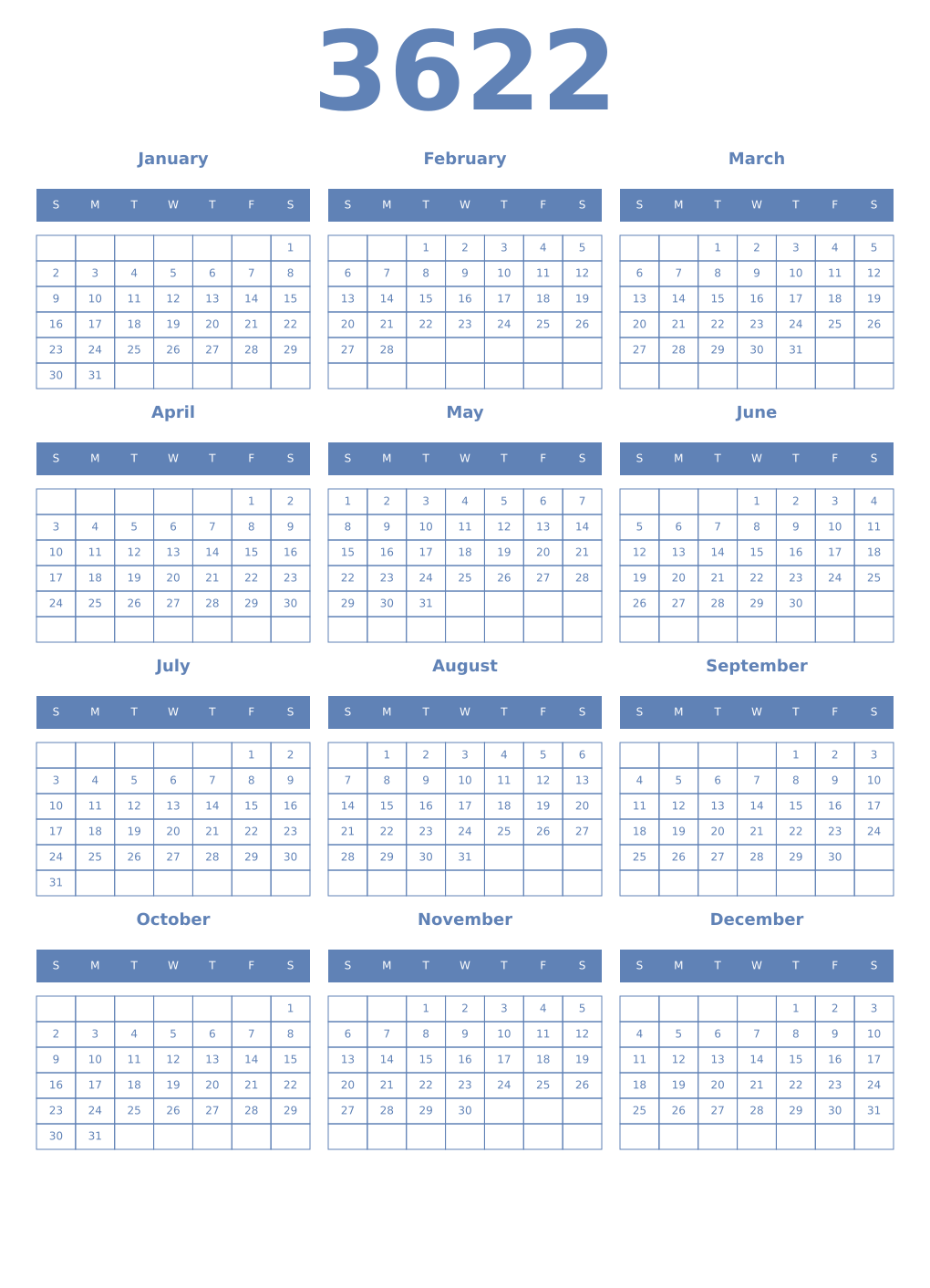 Printable 3622 Year Calendars glaucous