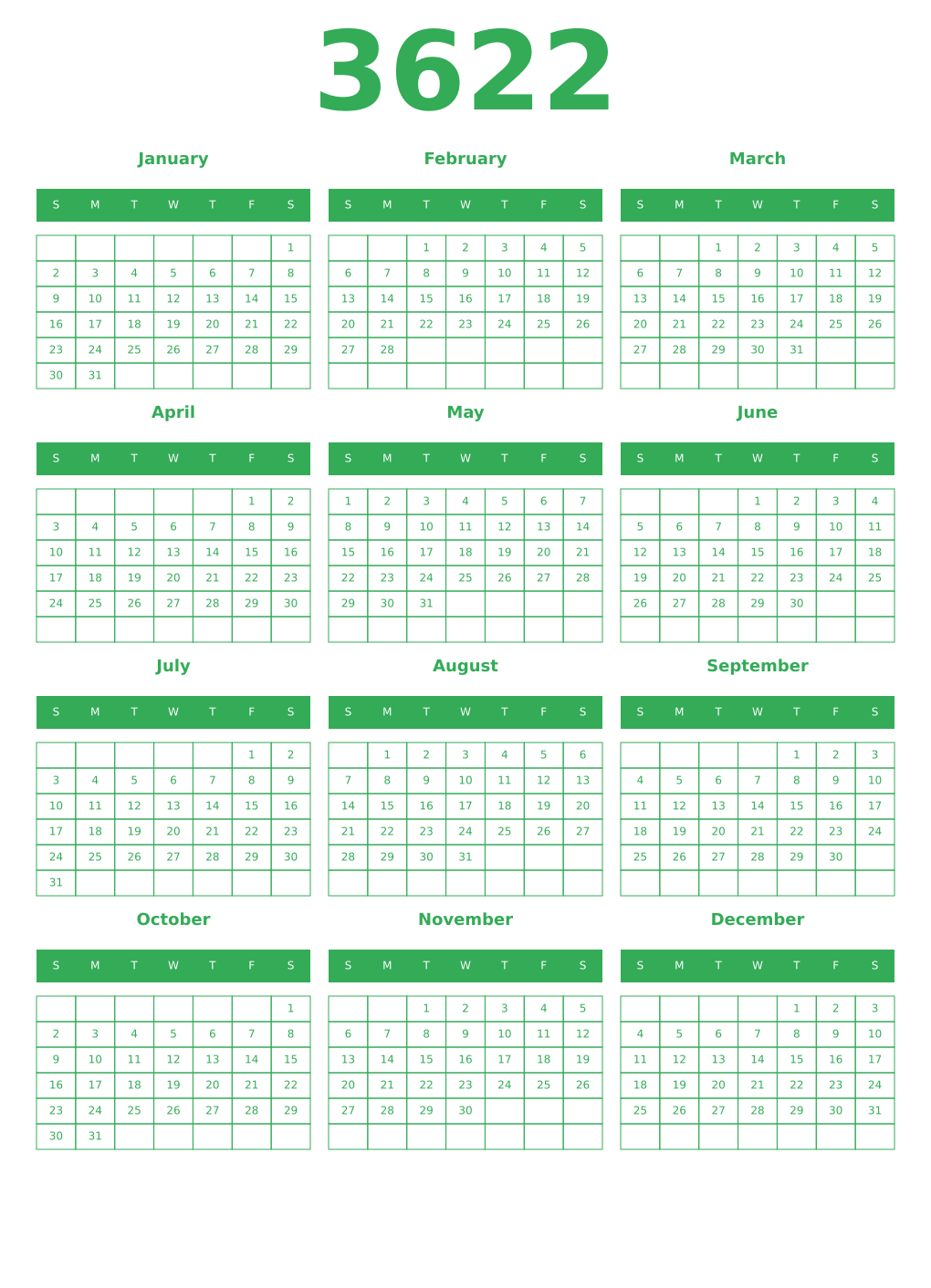 Printable 3622 Year Calendars green