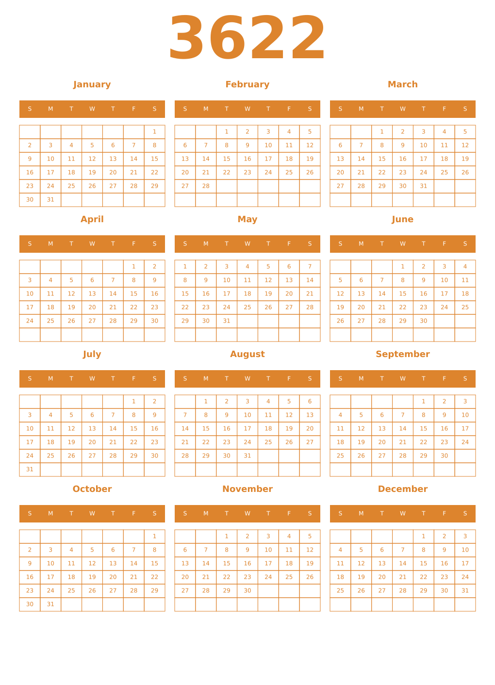 Printable 3622 Year Calendars orange