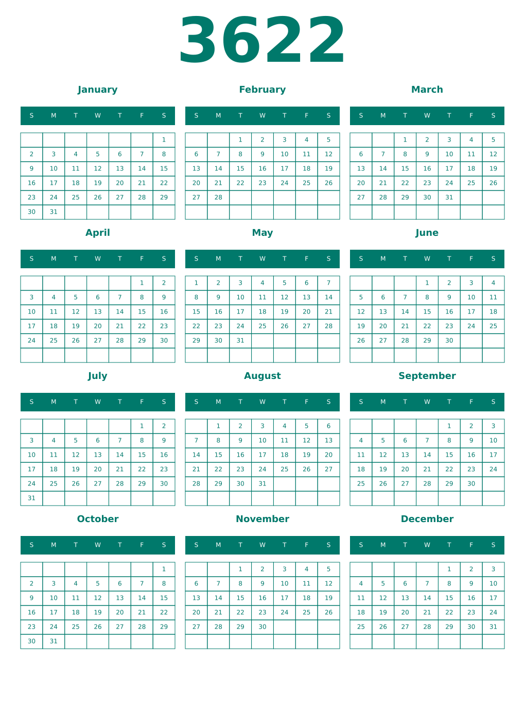 Printable 3622 Year Calendars pastel
