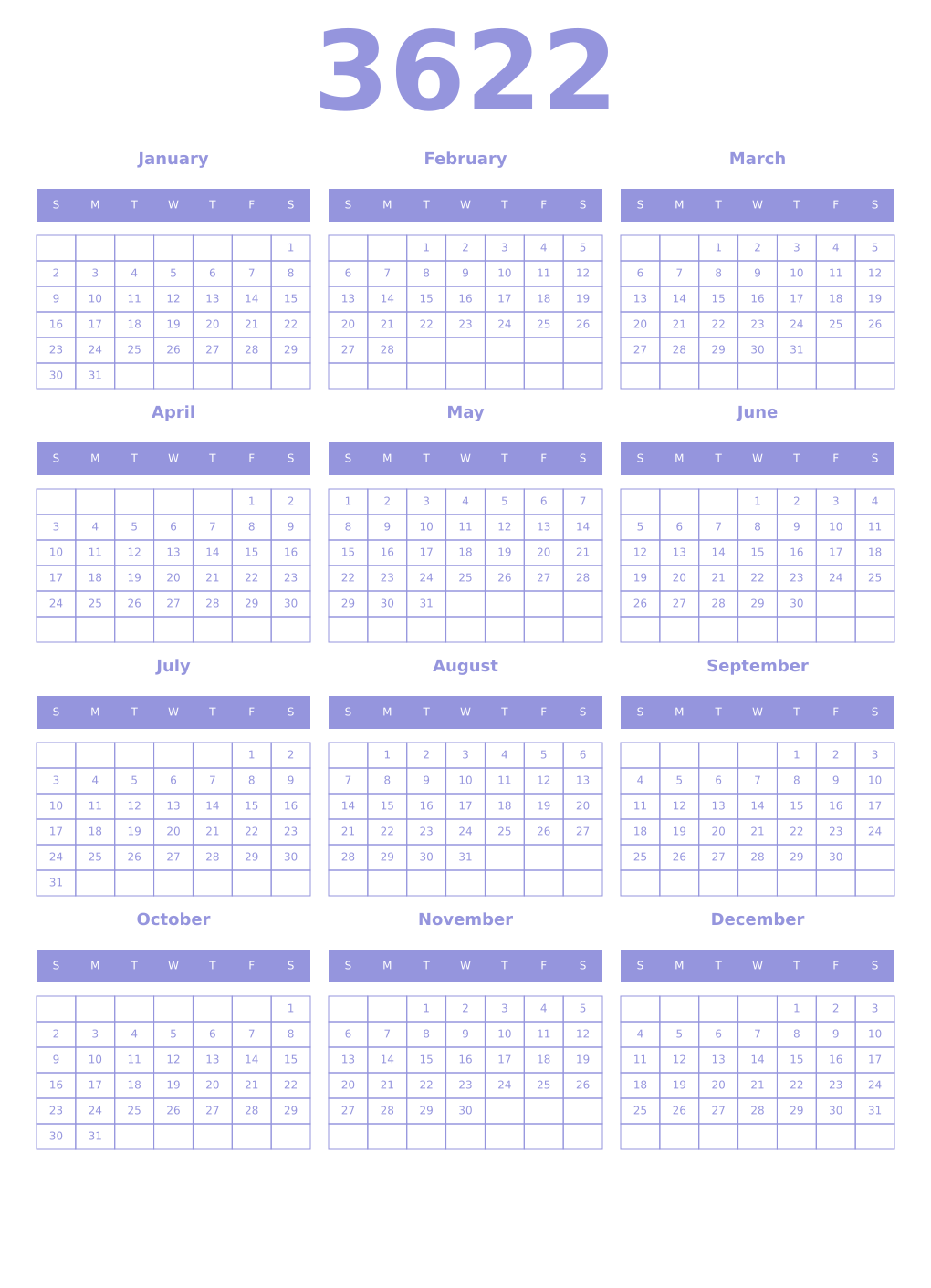 Printable 3622 Year Calendars periwinkle