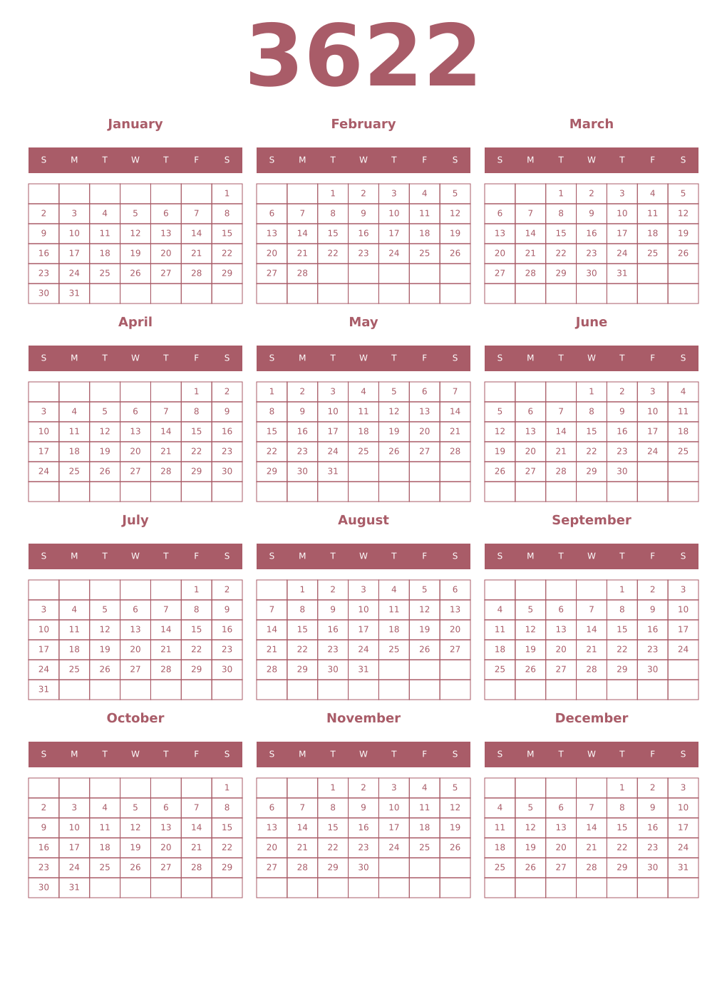 Printable 3622 Year Calendars puce