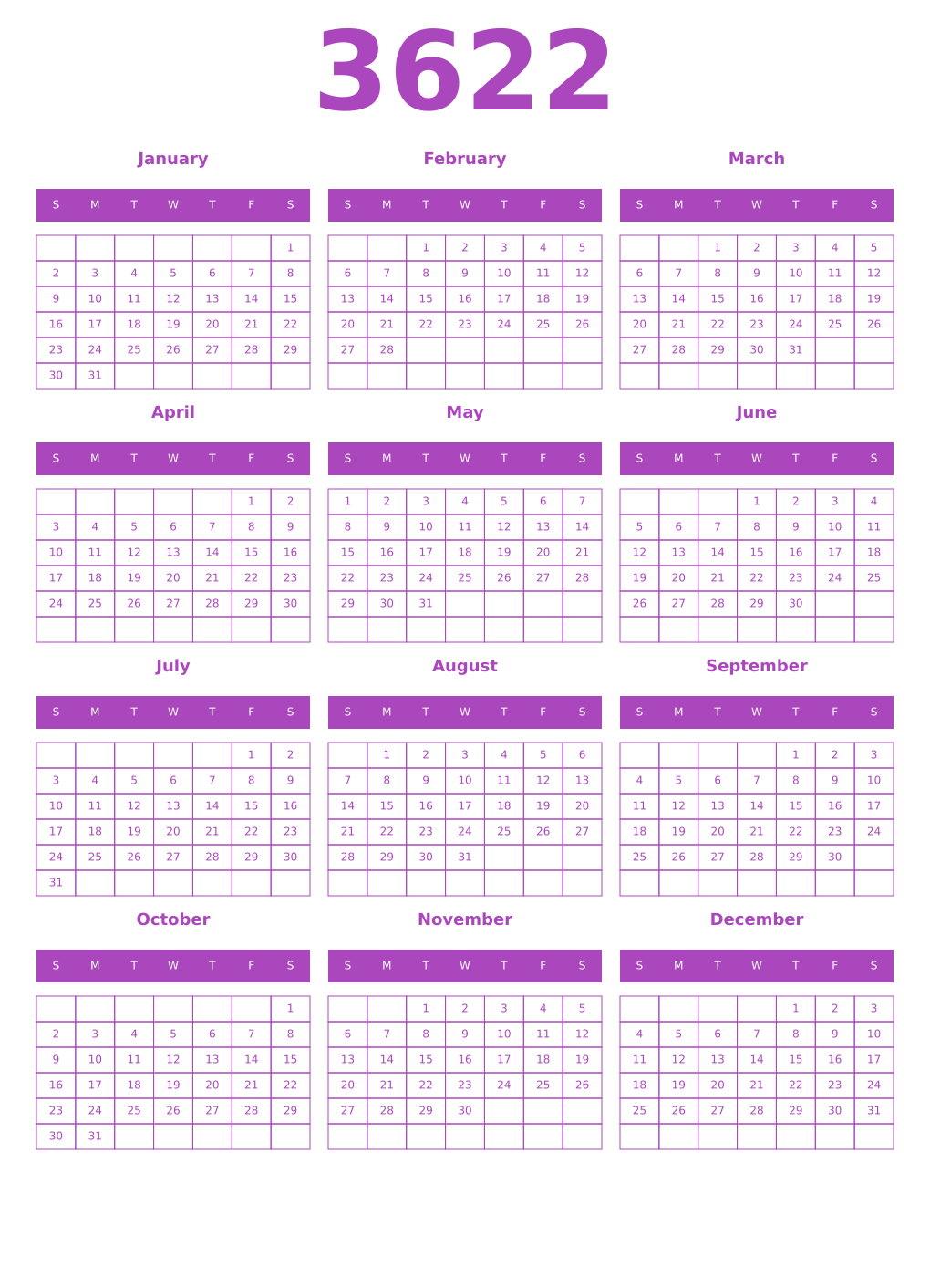 Printable 3622 Year Calendars purple