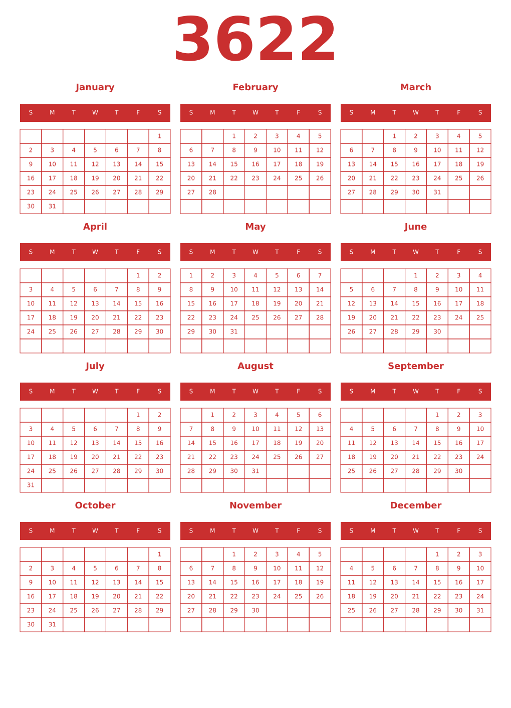 Printable 3622 Year Calendars red