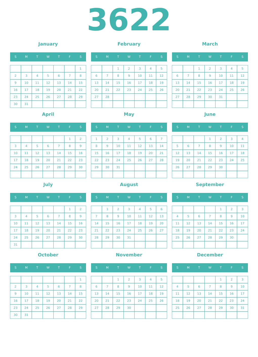 Printable 3622 Year Calendars verdigris